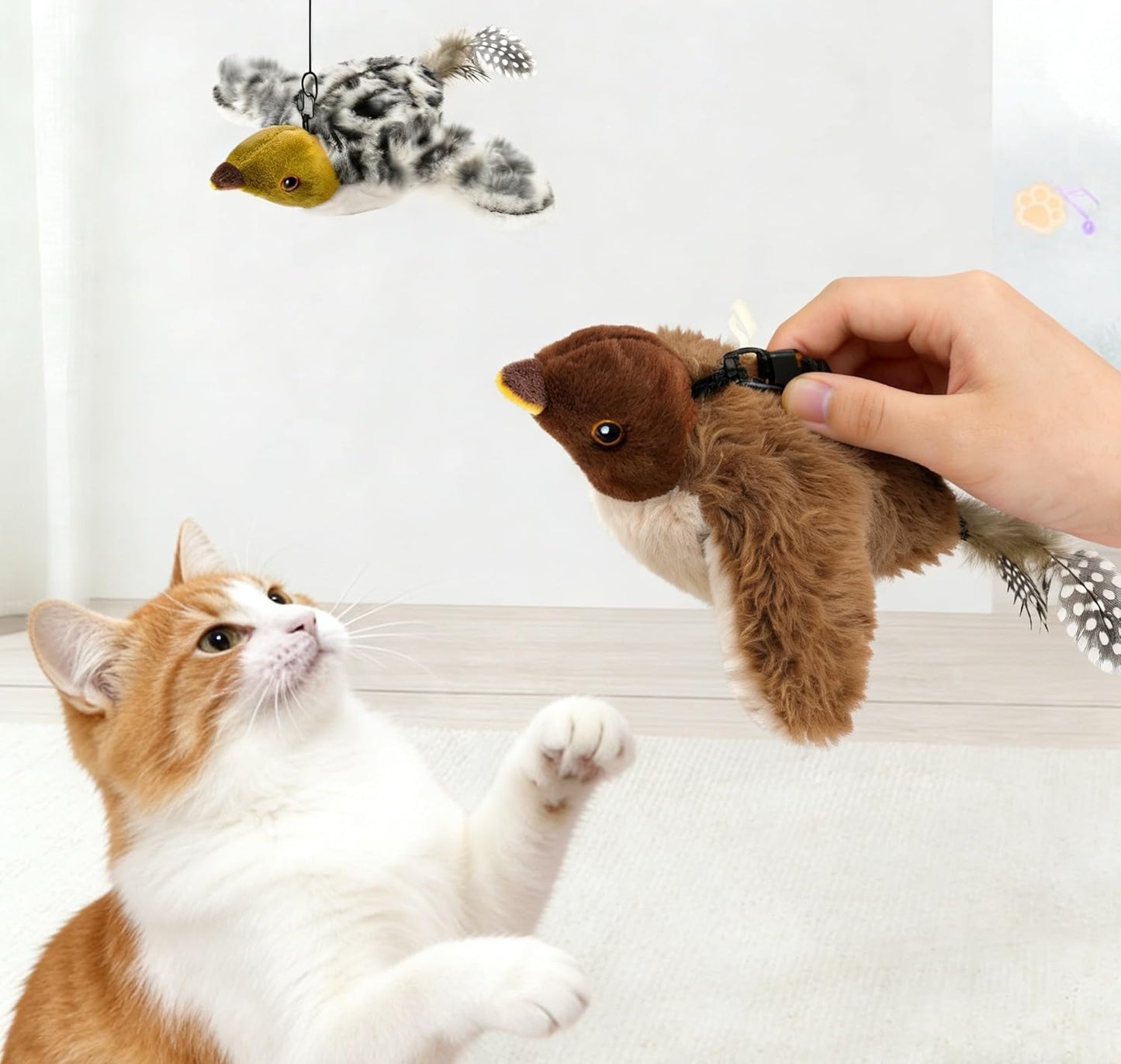 2026 New Flying Bird Cat Toy, Interactive Flapping & Chirping Sparrow Toy for Cats, Electric Simulation Flying Bird with Remote Control, Automatic Wing-Shaking Plush Bird Cat Toy with Catnip (Brown)