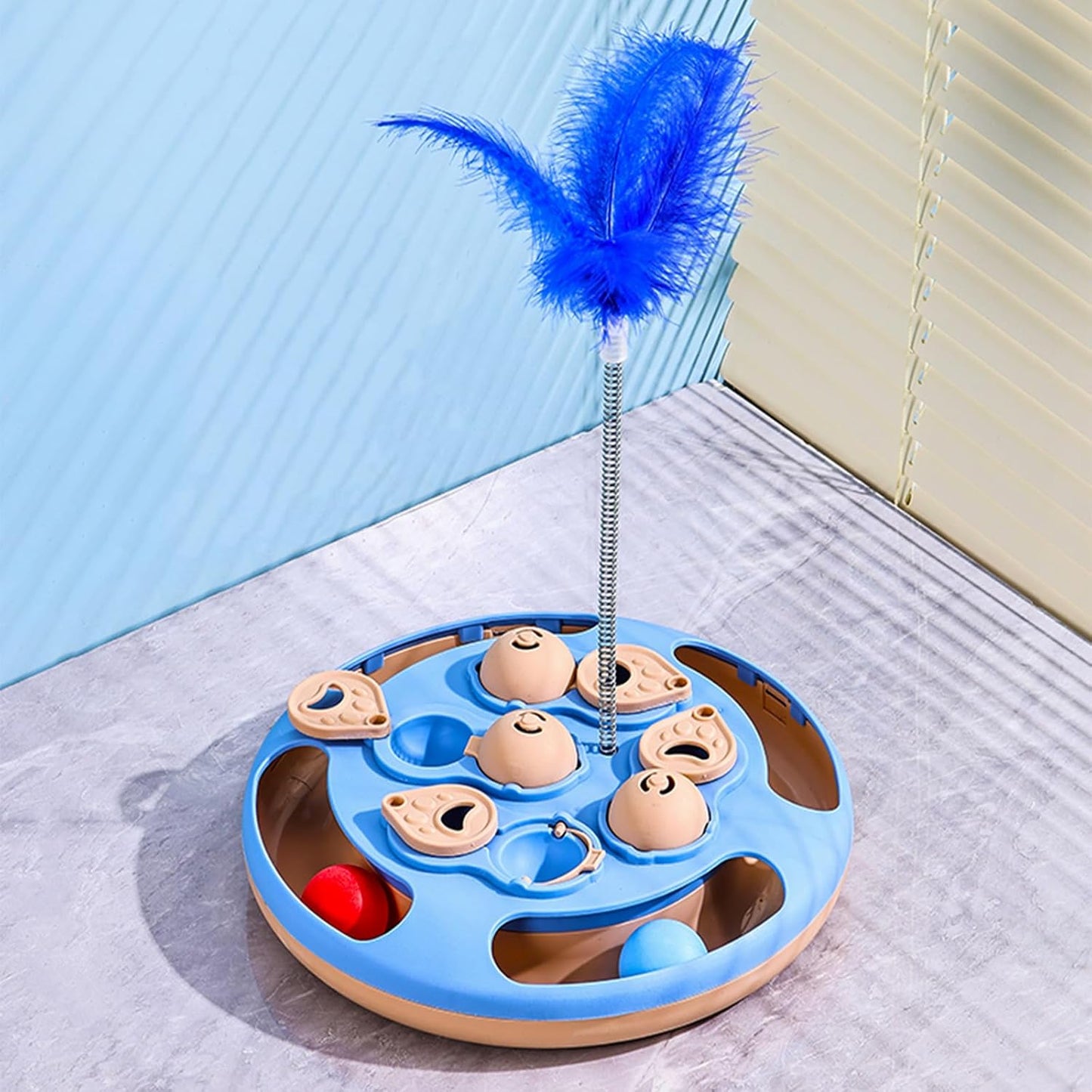 Cat Puzzle Toys Games Level 3 in 1 with Track Balls, Interactive Mentally Stimulating cat toys for IQ Training,Feather Teaser & Treat Feeder, Enrichment for Indoor Cats, Kitty Gift (Blue)