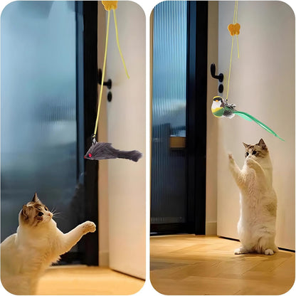 11Pcs Durable Fishing Pole Cat Feather Toy, Retractable Wand Toys, Cats Fishing Rod with 11 Pcs Feather Refills for Indoor & Outdoor Cats, Interactive Cat Feathers Toys with Retractable Fishing Pole