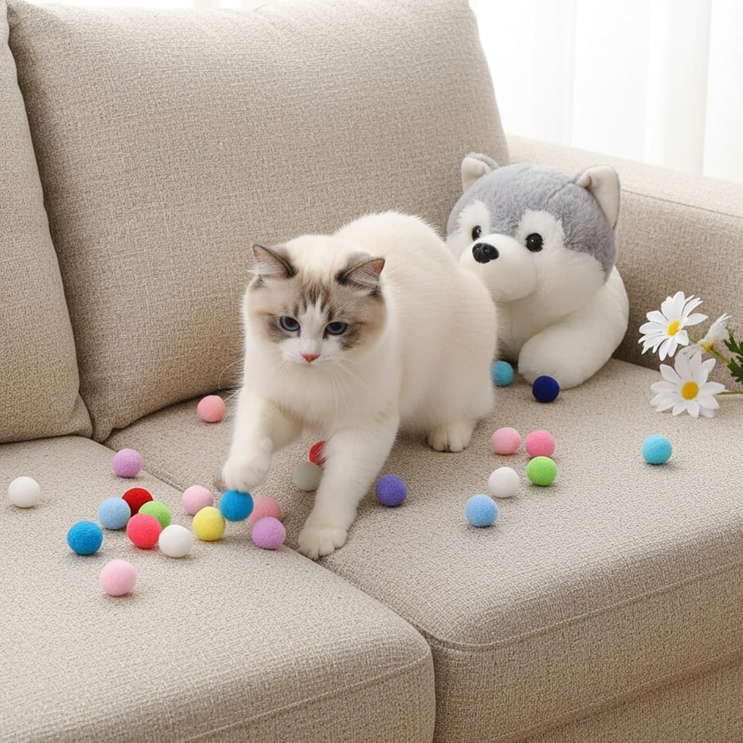 100 PCS Pom Pom Balls for Kittens, Cat Puff Ball Toys Lightweight Soft Plush Cats Ball 1.2Inch Colorful Kitten Cats Fuzzy Cat Balls Fun Interactive Toys for Indoorcat Kittens Playing Exercising(3 cm)