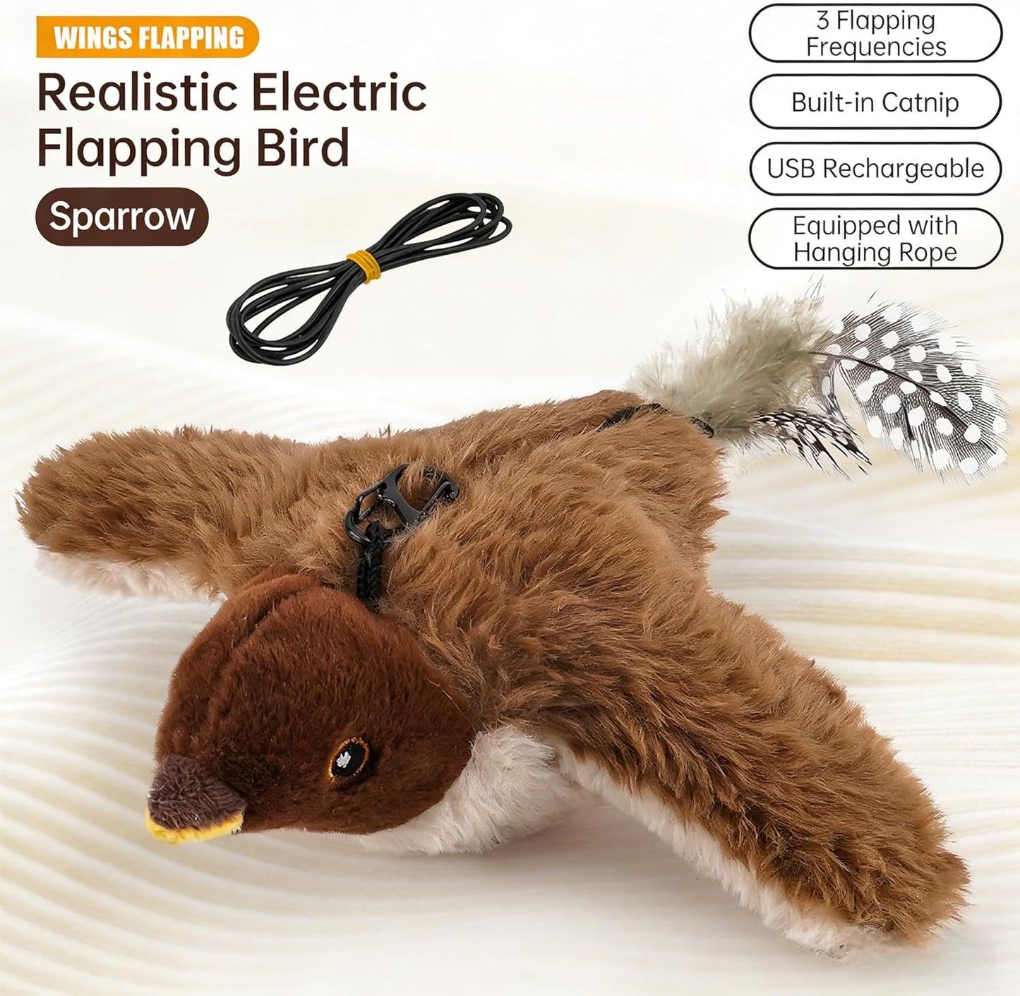 2026 New Flying Bird Cat Toy, Interactive Flapping & Chirping Sparrow Toy for Cats, Electric Simulation Flying Bird with Remote Control, Automatic Wing-Shaking Plush Bird Cat Toy with Catnip (Brown)