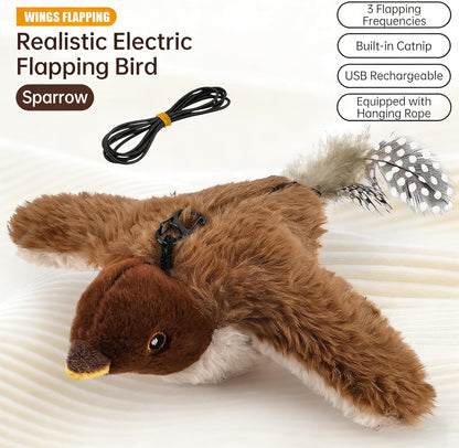 2026 New Flying Bird Cat Toy, Interactive Flapping & Chirping Sparrow Toy for Cats, Electric Simulation Flying Bird with Remote Control, Automatic Wing-Shaking Plush Bird Cat Toy with Catnip (Brown)
