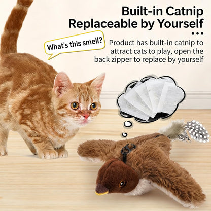 2026 New Flying Bird Cat Toy, Interactive Flapping & Chirping Sparrow Toy for Cats, Electric Simulation Flying Bird with Remote Control, Automatic Wing-Shaking Plush Bird Cat Toy with Catnip (Brown)