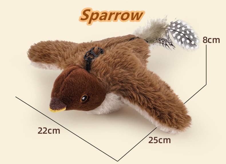 2026 New Flying Bird Cat Toy, Interactive Flapping & Chirping Sparrow Toy for Cats, Electric Simulation Flying Bird with Remote Control, Automatic Wing-Shaking Plush Bird Cat Toy with Catnip (Brown)