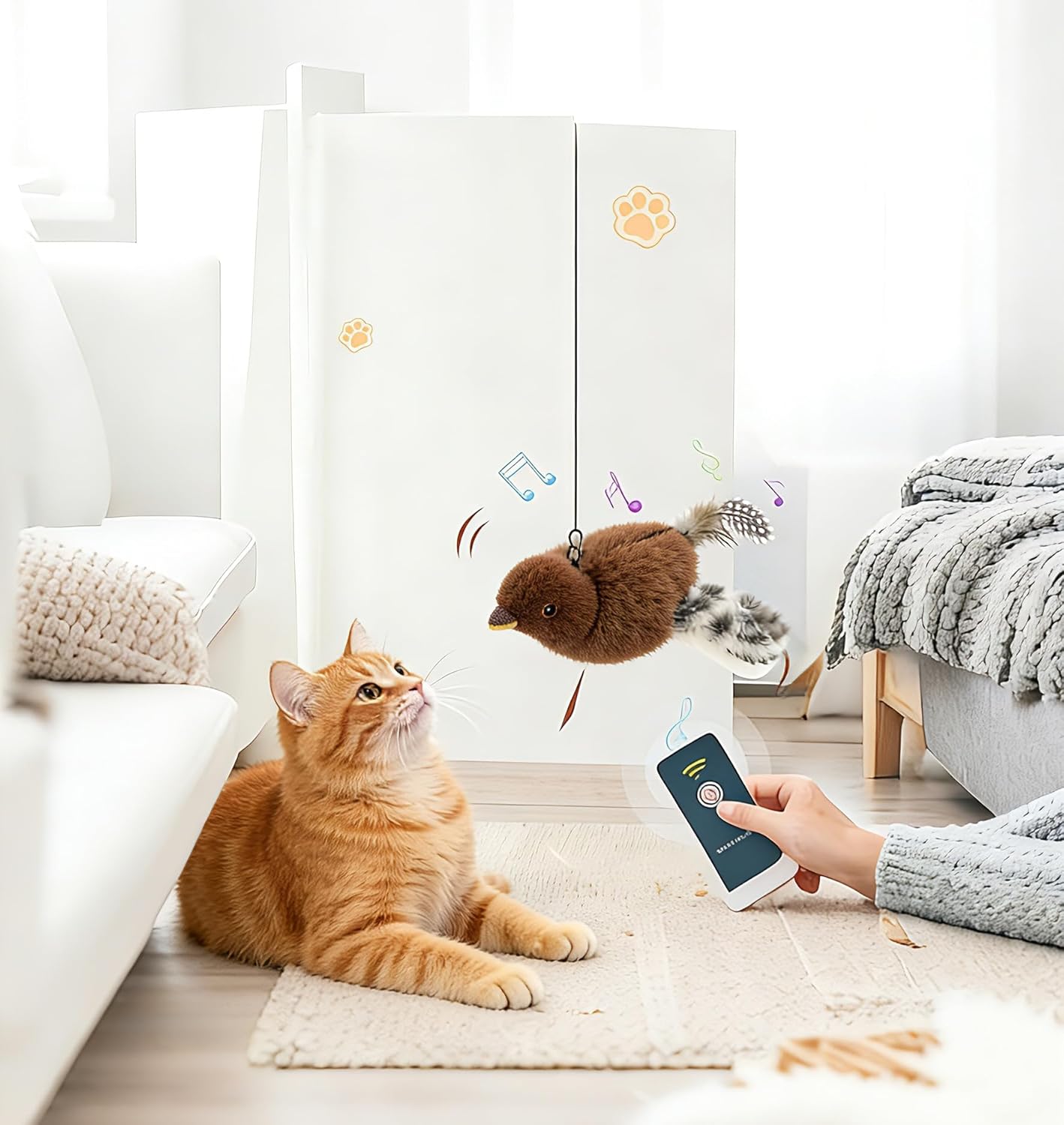 2026 New Flying Bird Cat Toy, Interactive Flapping & Chirping Sparrow Toy for Cats, Electric Simulation Flying Bird with Remote Control, Automatic Wing-Shaking Plush Bird Cat Toy with Catnip (Brown)