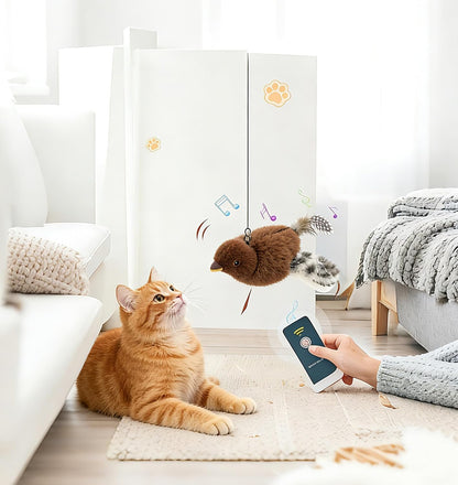 2026 New Flying Bird Cat Toy, Interactive Flapping & Chirping Sparrow Toy for Cats, Electric Simulation Flying Bird with Remote Control, Automatic Wing-Shaking Plush Bird Cat Toy with Catnip (Brown)