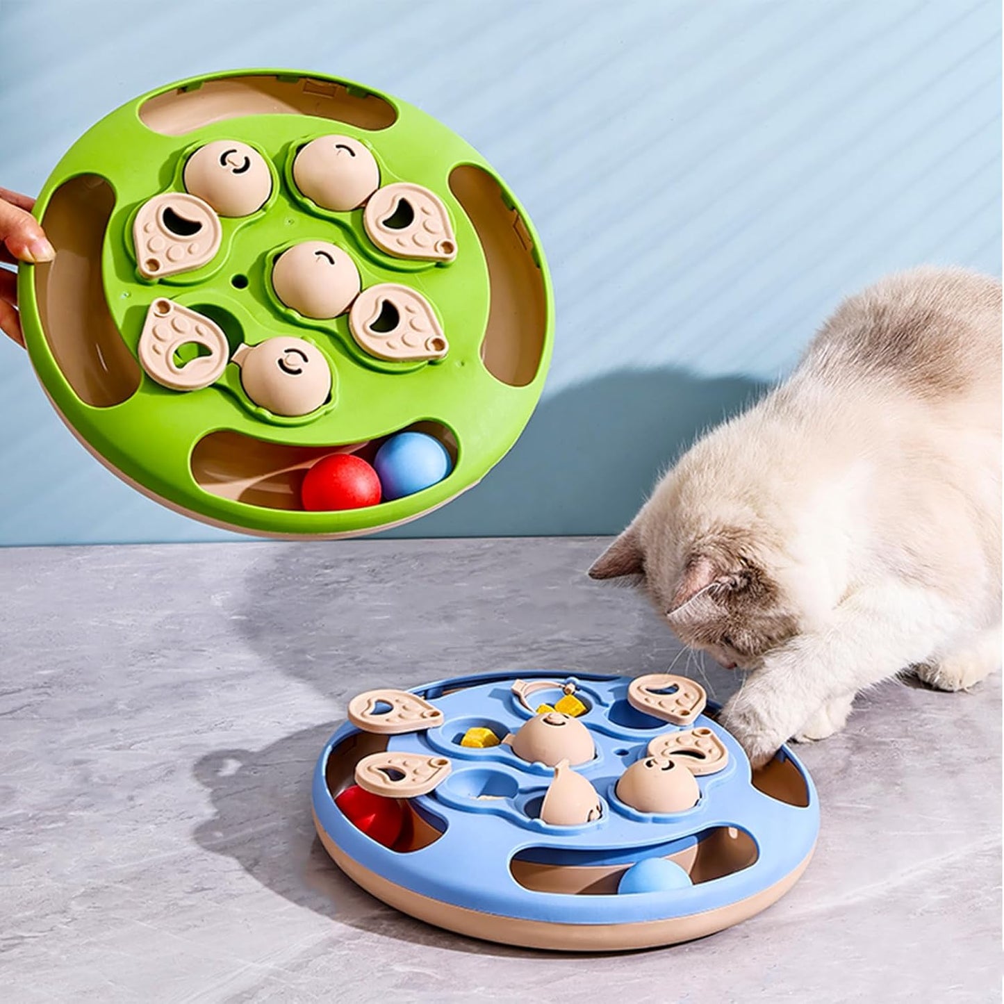 Cat Puzzle Toys Games Level 3 in 1 with Track Balls, Interactive Mentally Stimulating cat toys for IQ Training,Feather Teaser & Treat Feeder, Enrichment for Indoor Cats, Kitty Gift (Blue)