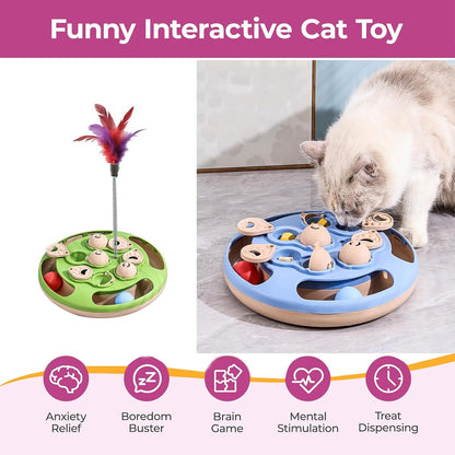 Cat Puzzle Toys Games Level 3 in 1 with Track Balls, Interactive Mentally Stimulating cat toys for IQ Training,Feather Teaser & Treat Feeder, Enrichment for Indoor Cats, Kitty Gift (Blue)