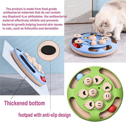 Cat Puzzle Toys Games Level 3 in 1 with Track Balls, Interactive Mentally Stimulating cat toys for IQ Training,Feather Teaser & Treat Feeder, Enrichment for Indoor Cats, Kitty Gift (Blue)