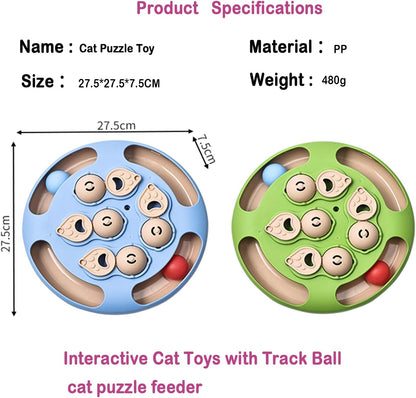 Cat Puzzle Toys Games Level 3 in 1 with Track Balls, Interactive Mentally Stimulating cat toys for IQ Training,Feather Teaser & Treat Feeder, Enrichment for Indoor Cats, Kitty Gift (Blue)