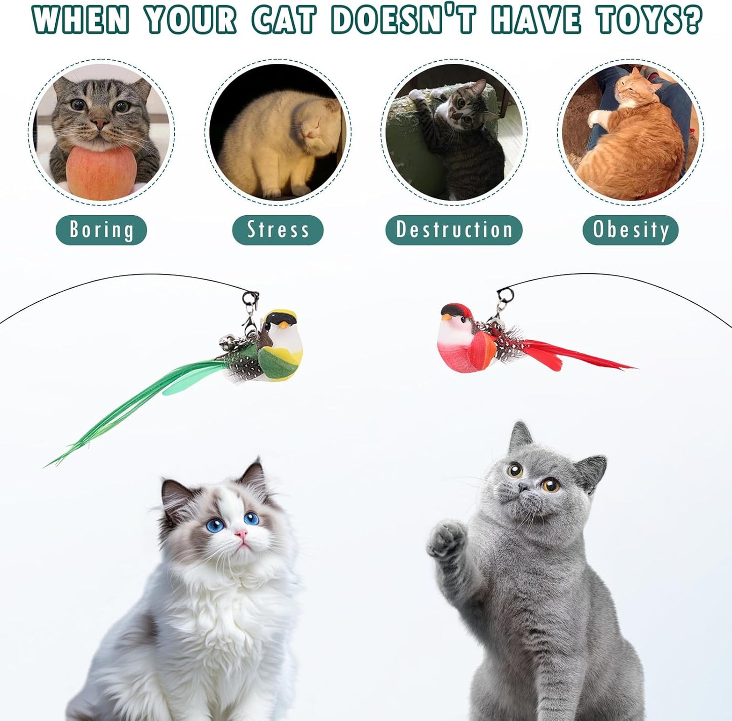 11Pcs Durable Fishing Pole Cat Feather Toy, Retractable Wand Toys, Cats Fishing Rod with 11 Pcs Feather Refills for Indoor & Outdoor Cats, Interactive Cat Feathers Toys with Retractable Fishing Pole