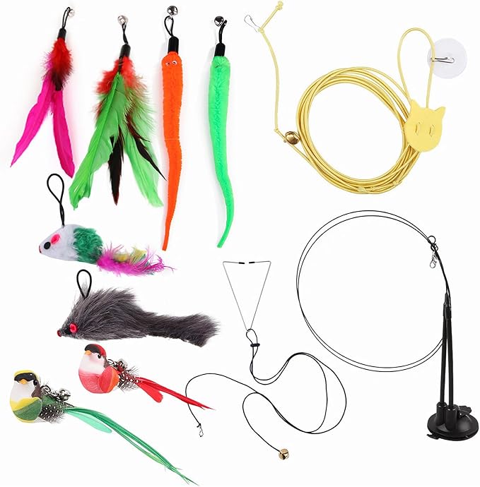 11Pcs Durable Fishing Pole Cat Feather Toy, Retractable Wand Toys, Cats Fishing Rod with 11 Pcs Feather Refills for Indoor & Outdoor Cats, Interactive Cat Feathers Toys with Retractable Fishing Pole