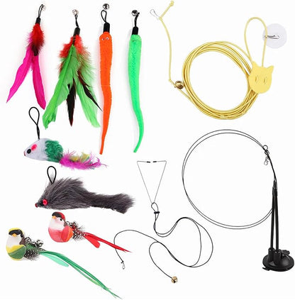 11Pcs Durable Fishing Pole Cat Feather Toy, Retractable Wand Toys, Cats Fishing Rod with 11 Pcs Feather Refills for Indoor & Outdoor Cats, Interactive Cat Feathers Toys with Retractable Fishing Pole