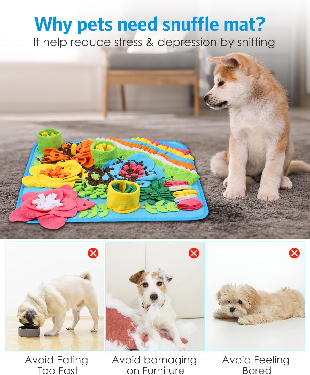 Snuffle Mat for Dogs, 20'' x 20'' Interactive Sniff Mat Smell Training & Slow Eating for Mental Stimulation & Stress Relief, Encourages Natural Foraging Skills, Dog Puzzle Toys for Indoor & Outdoor