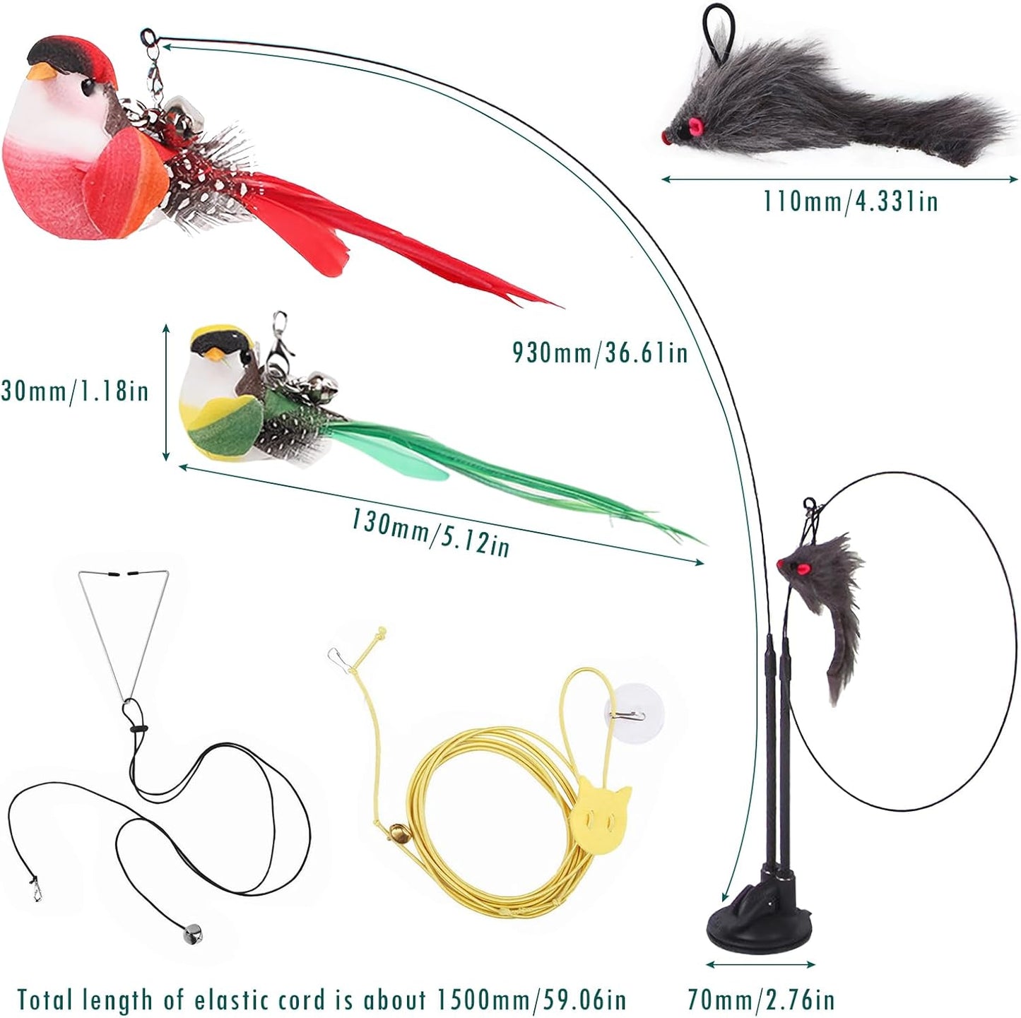 11Pcs Durable Fishing Pole Cat Feather Toy, Retractable Wand Toys, Cats Fishing Rod with 11 Pcs Feather Refills for Indoor & Outdoor Cats, Interactive Cat Feathers Toys with Retractable Fishing Pole