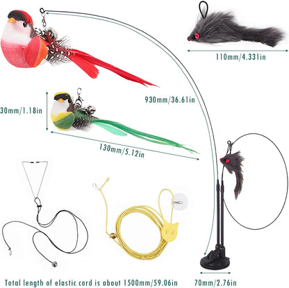 11Pcs Durable Fishing Pole Cat Feather Toy, Retractable Wand Toys, Cats Fishing Rod with 11 Pcs Feather Refills for Indoor & Outdoor Cats, Interactive Cat Feathers Toys with Retractable Fishing Pole