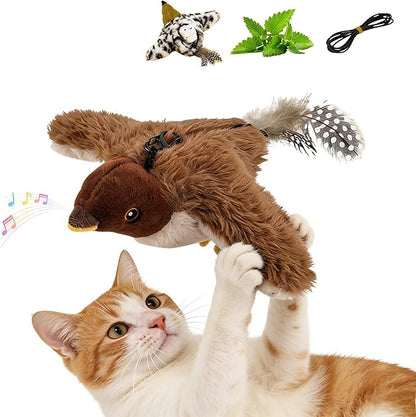 2026 New Flying Bird Cat Toy, Interactive Flapping & Chirping Sparrow Toy for Cats, Electric Simulation Flying Bird with Remote Control, Automatic Wing-Shaking Plush Bird Cat Toy with Catnip (Brown)