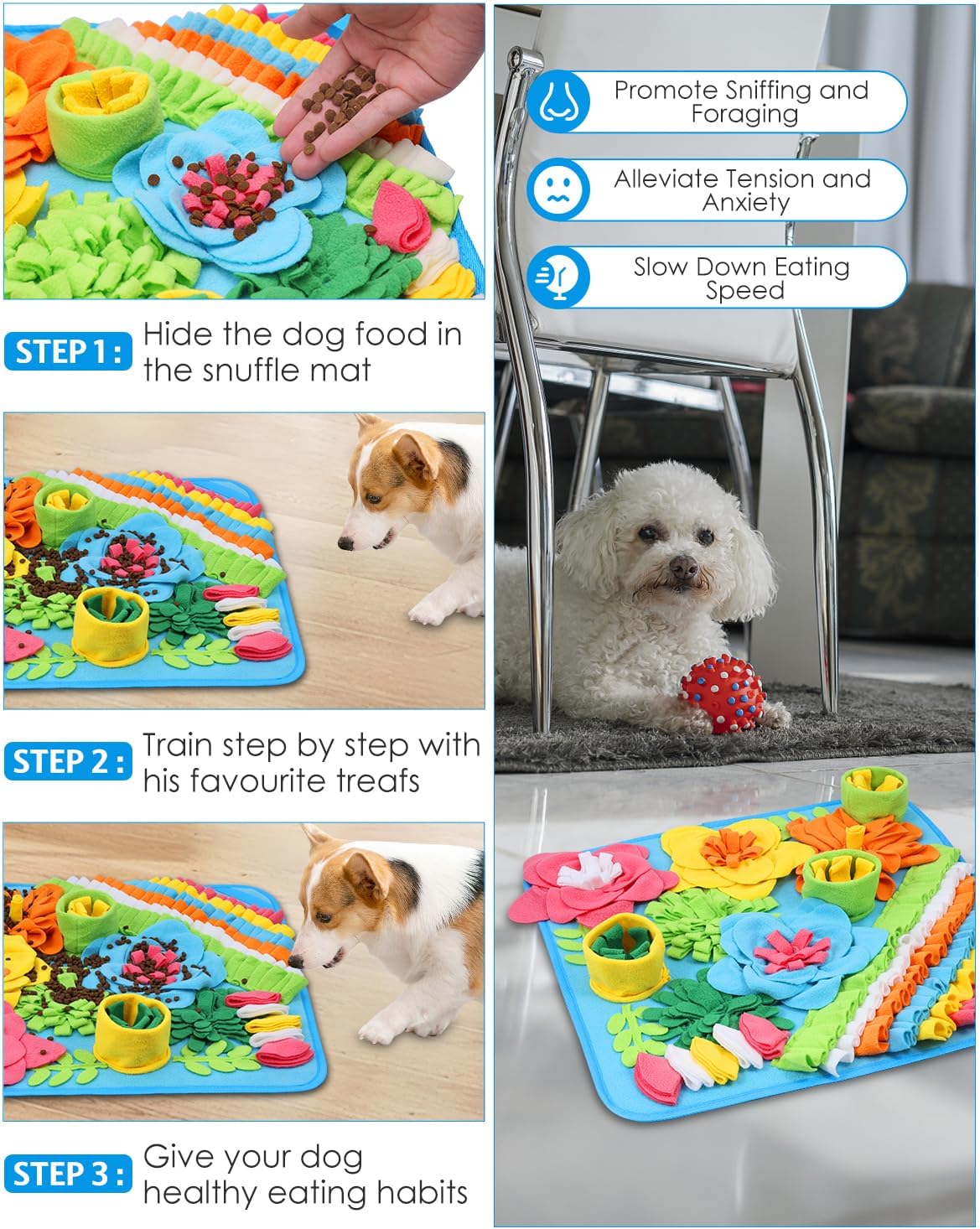 Snuffle Mat for Dogs, 20'' x 20'' Interactive Sniff Mat Smell Training & Slow Eating for Mental Stimulation & Stress Relief, Encourages Natural Foraging Skills, Dog Puzzle Toys for Indoor & Outdoor